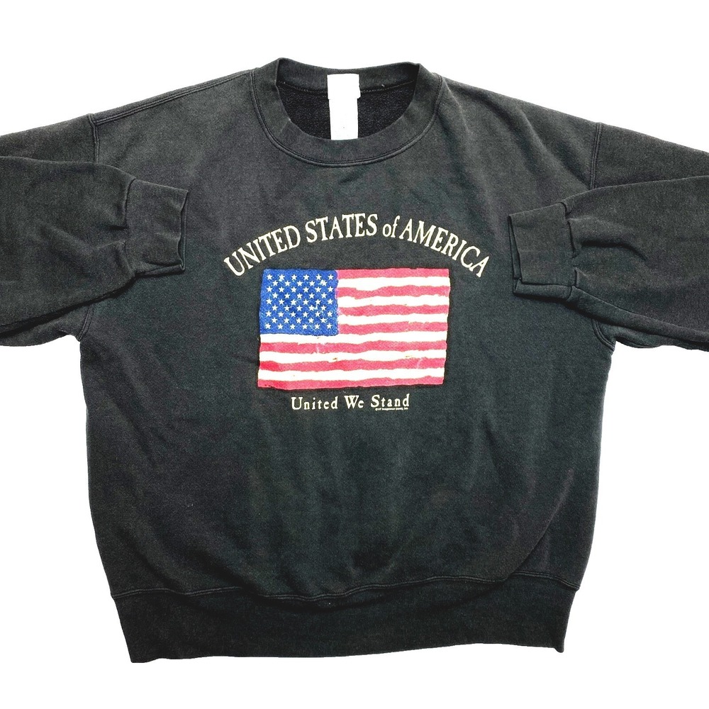 Vintage Sweatshirt Mens Large Black Long Sleeve USA Flag Crewneck Pullover